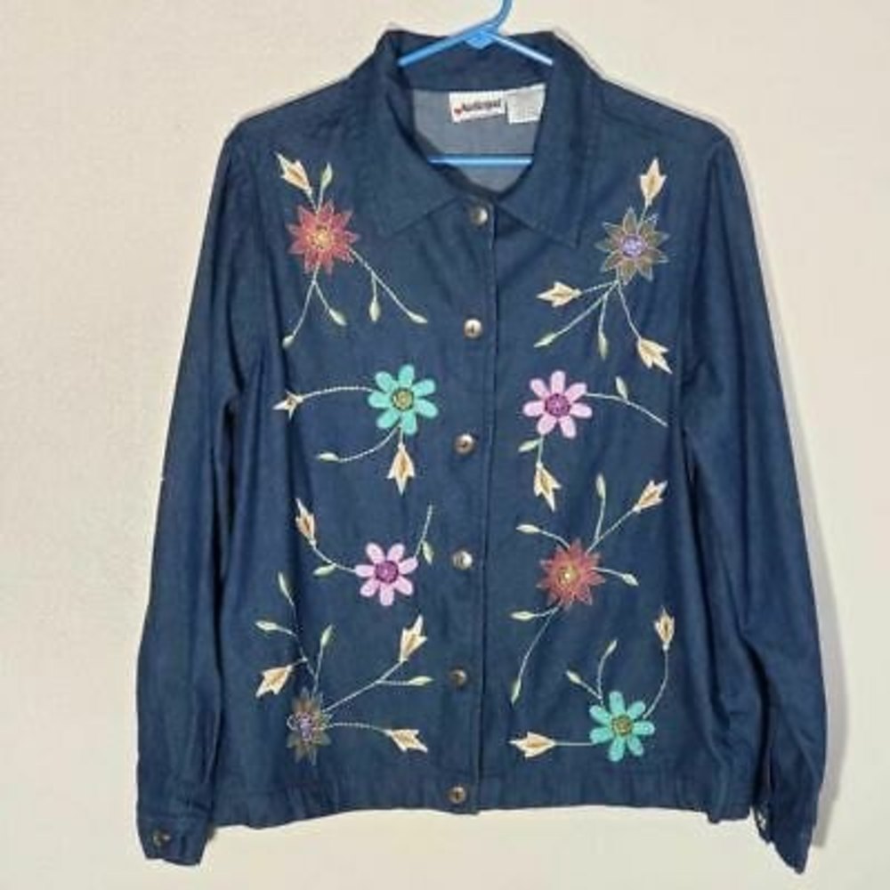 National Womens Jean Jacket Blue Pink Floral Button Up Embroidered Denim…